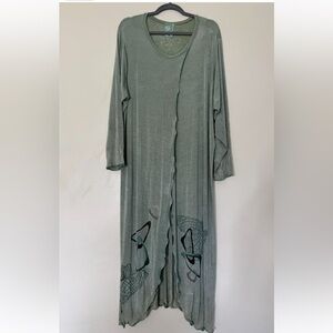 Blue Fish Sage Green Slinky Maxi Dress Hand Printed Lagenlook Artsy One Size